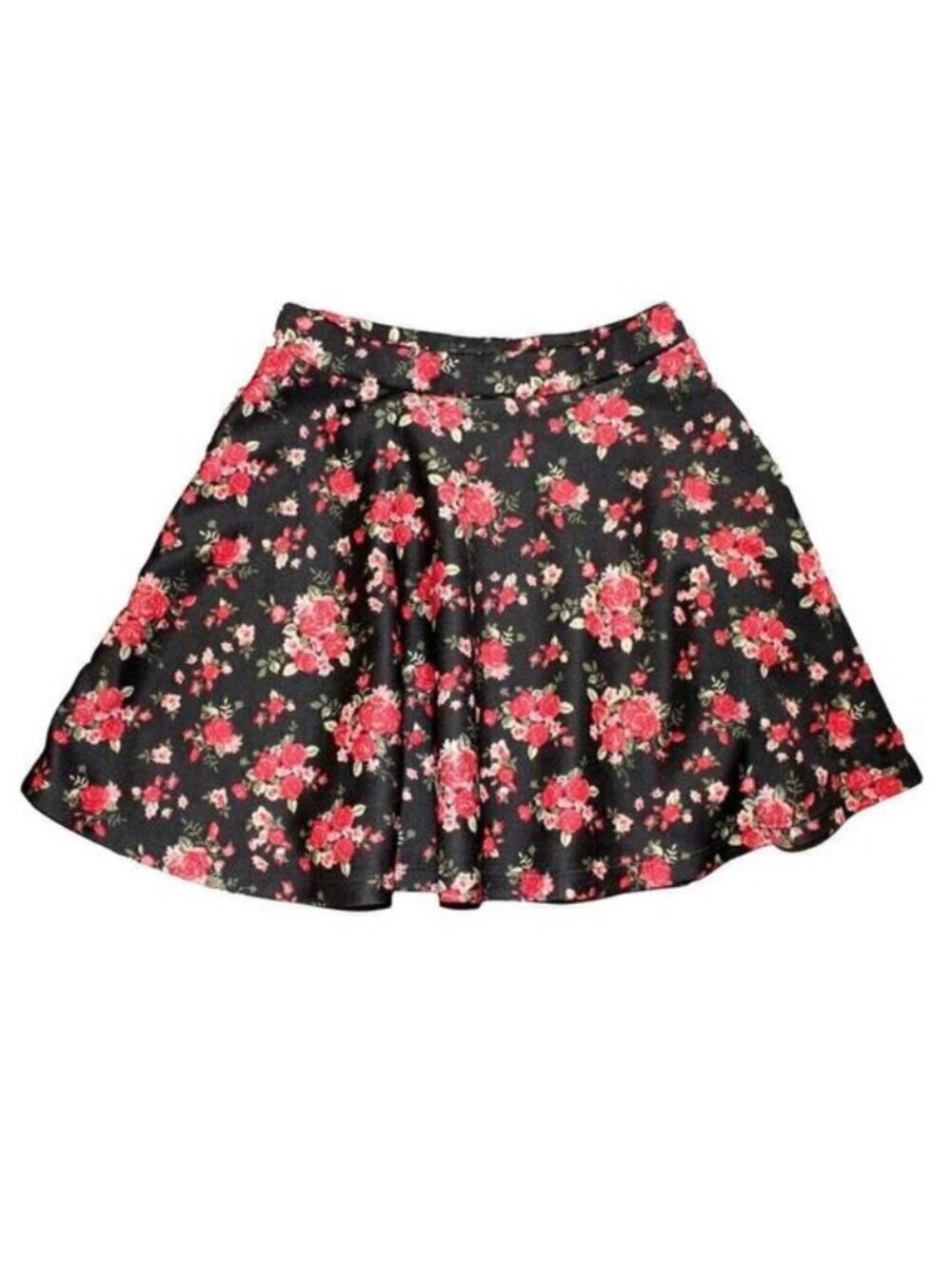 Black Floral Skater Mini Skirt XS High Waist Flowy Fit Flare